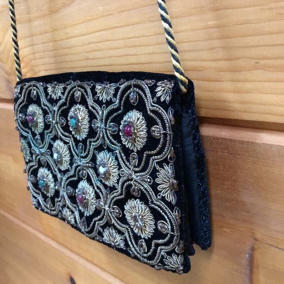 Vintage Zardozi Black Velvet Evening Purse Metal Thread Goldwork Embroidery - Picture 5 of 12